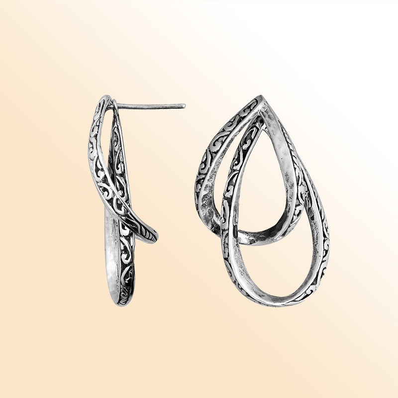 Artistic silver engraved double loop earrings