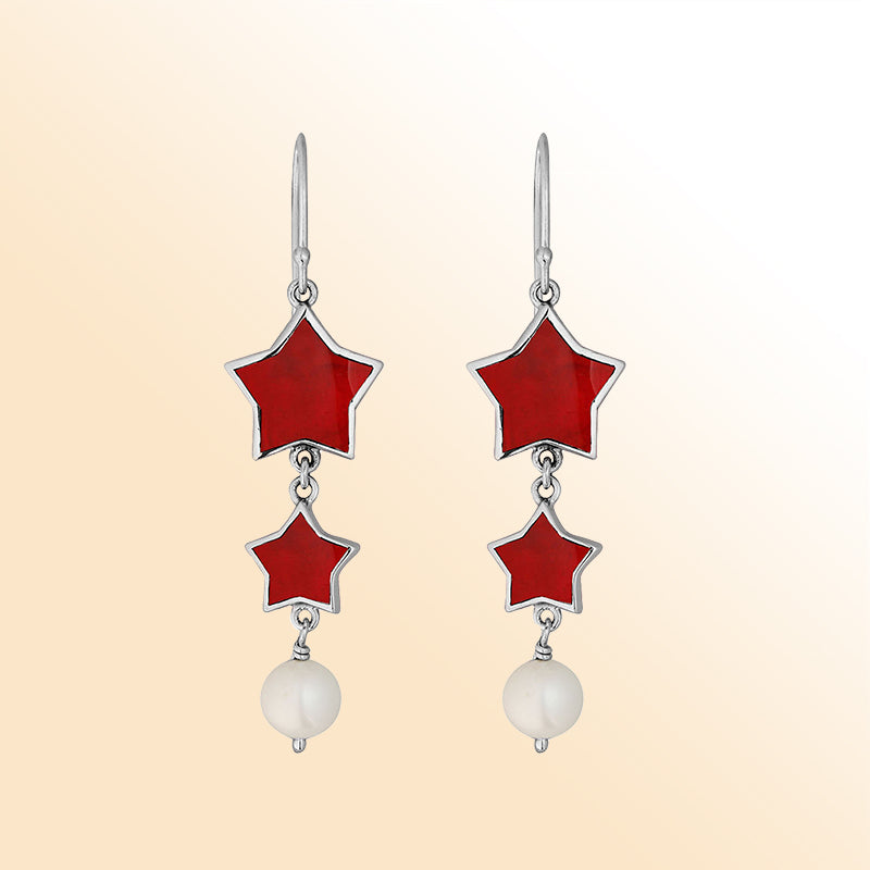Artistic red coral star earrings with pearl