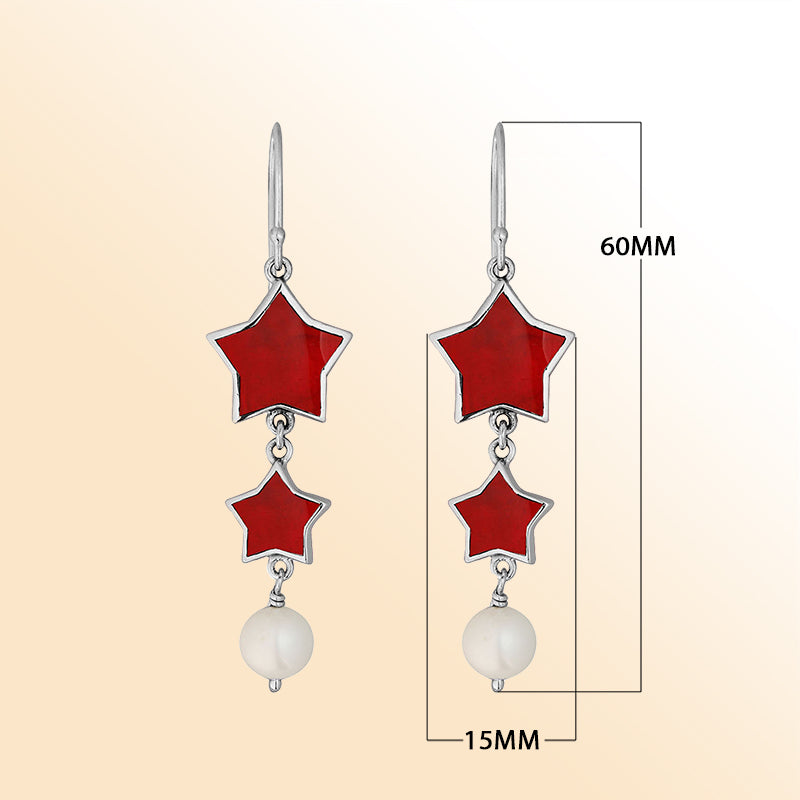 Artistic red coral star earrings with pearl
