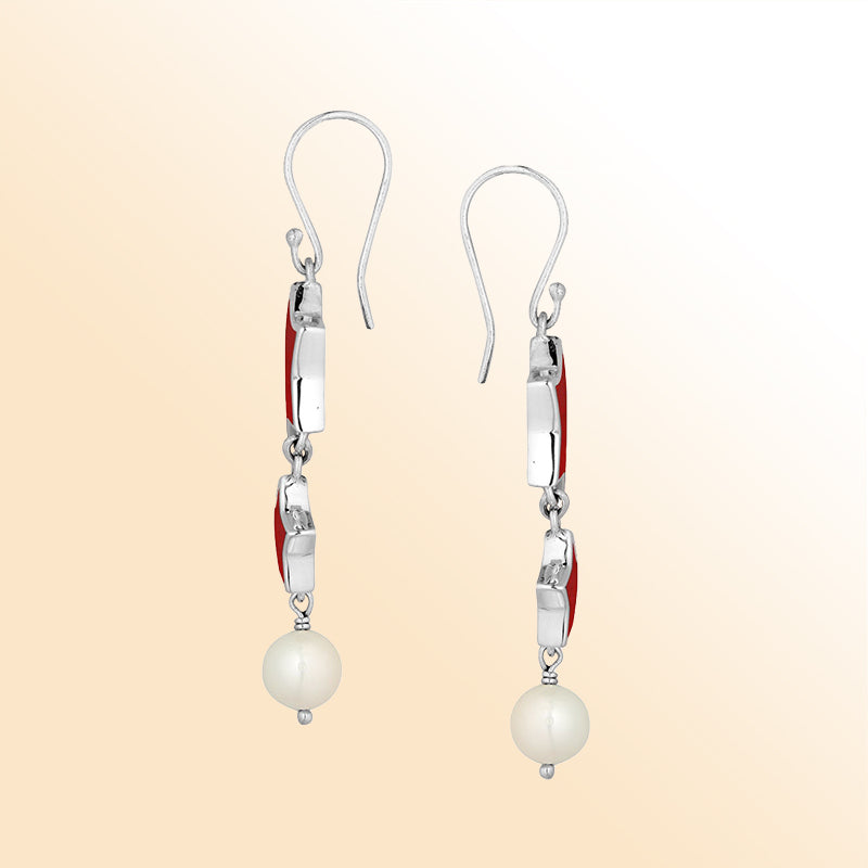 Artistic red coral star earrings with pearl