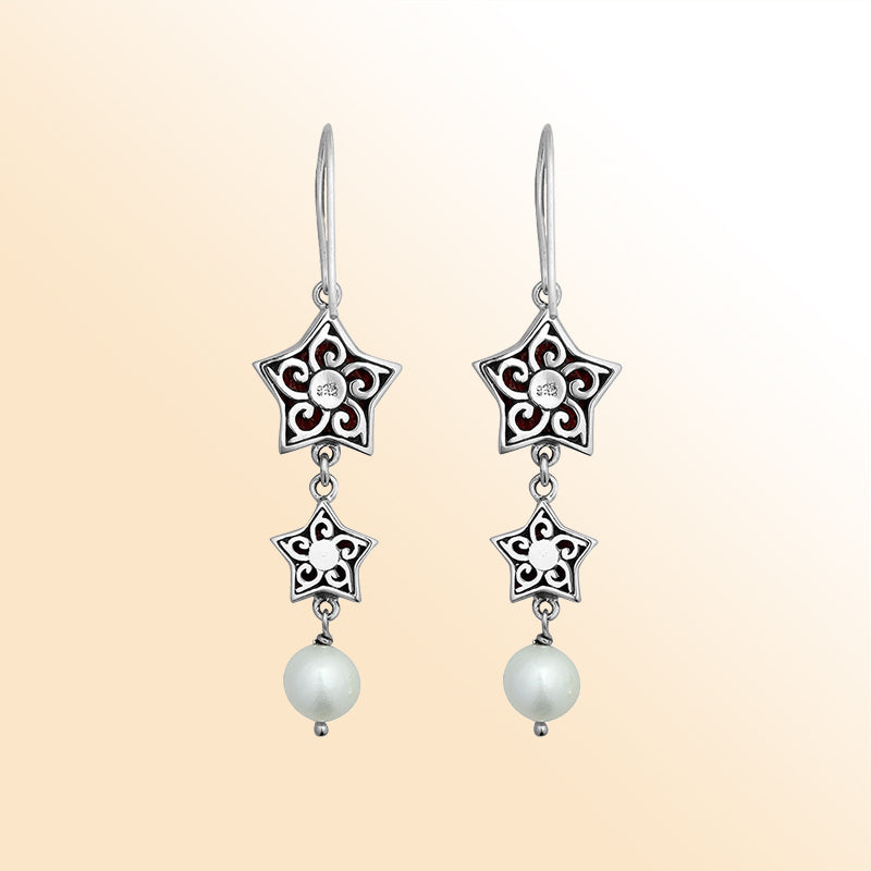 Artistic red coral star earrings with pearl