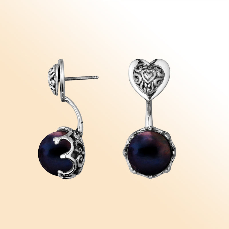 Artistic heart earrings with grey shell pearl