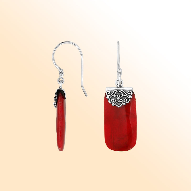 Artistic red coral rectangle drop earrings