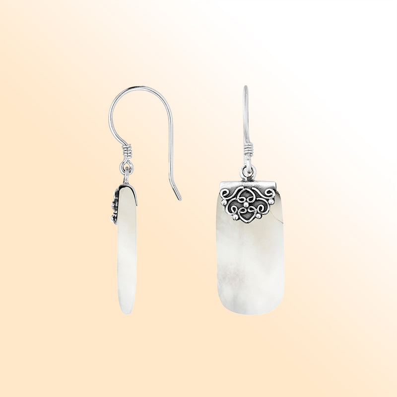 Elegant Mother Of Pearl Silver Rectangle Earrings With Earwire Lock
