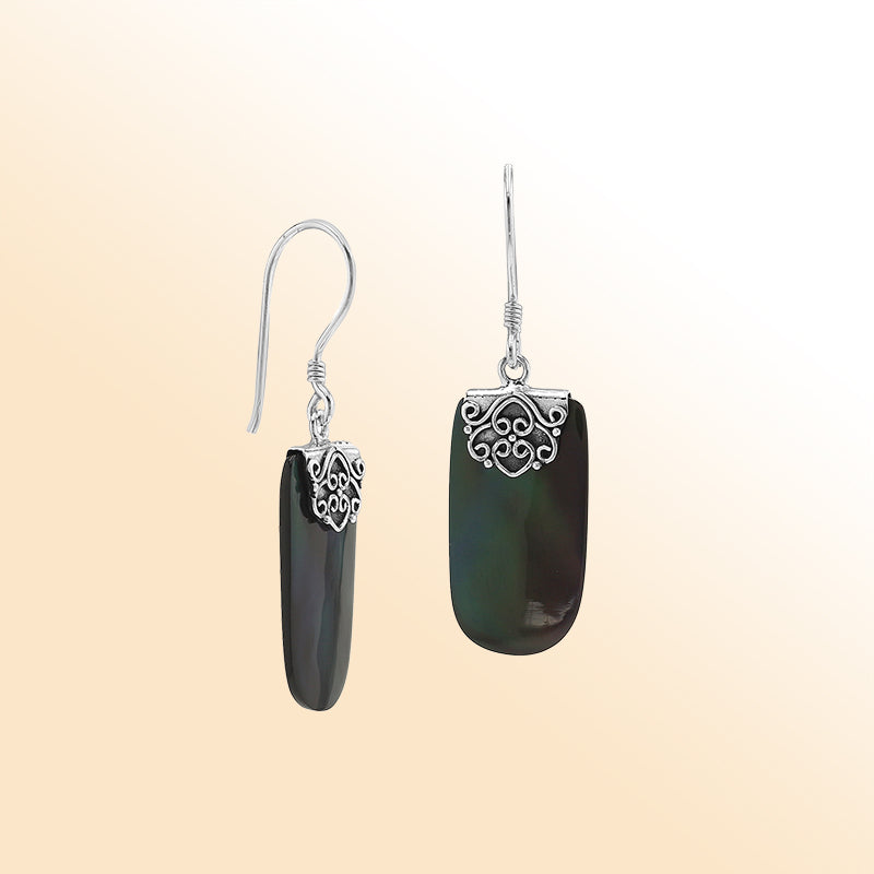 Elegant Sterling Silver Black Shell Earrings With Earwire Lock