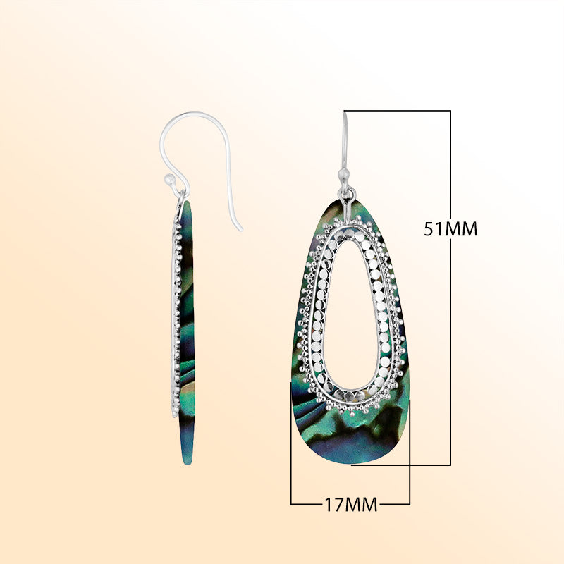 Elegant Abalone Shell Silver Teardrop Earrings With Beaded Frame