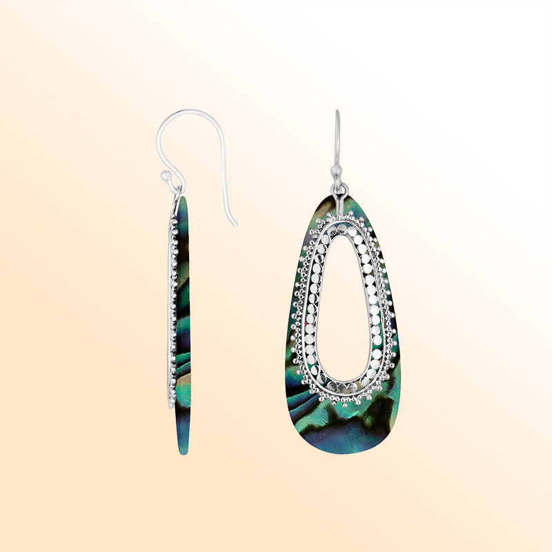 Elegant Abalone Shell Silver Teardrop Earrings With Beaded Frame