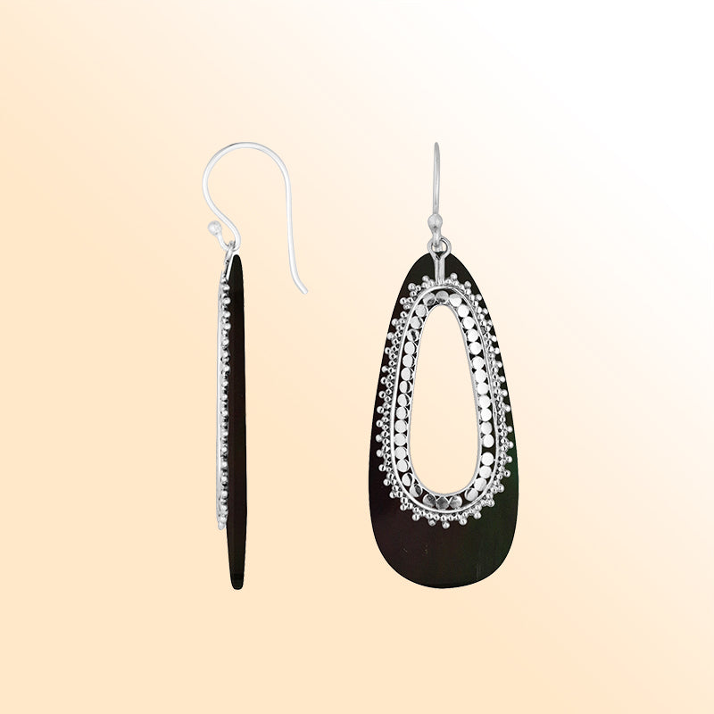 Elegant Sterling Silver Black Shell Teardrop Earrings