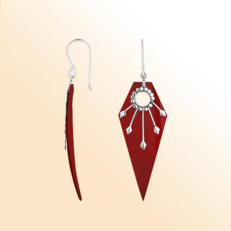 Elegant Sterling Silver Red Coral Sunburst Earrings
