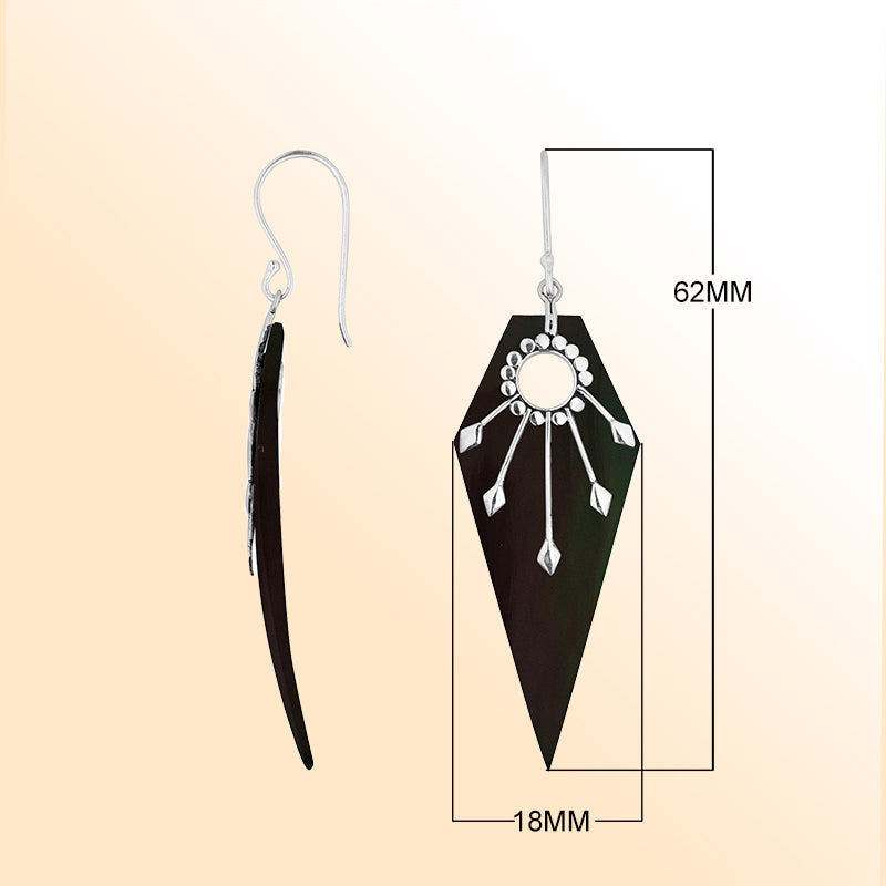 Radiant Black Shell silver sunray shield dangle earrings