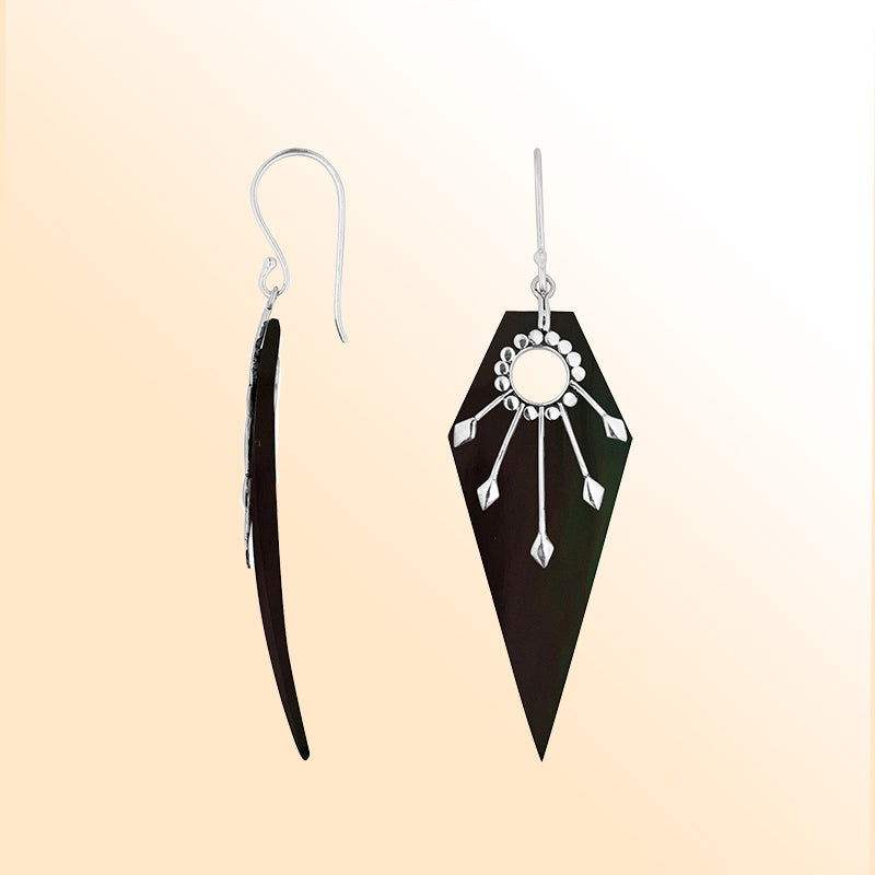 Radiant Black Shell silver sunray shield dangle earrings