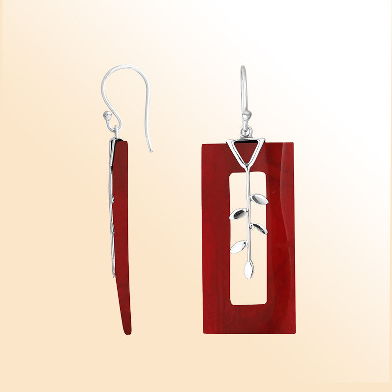 Artistic Red Coral silver leaf rectangle dangle earrings