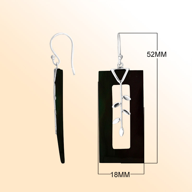 Sterling Silver Earring With Black Shell Rectangle Leaf Dangle Handcrafted In Bali