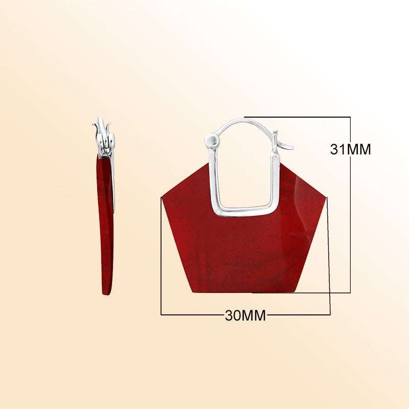 Elegant Red Coral geometric sterling silver hoop earrings