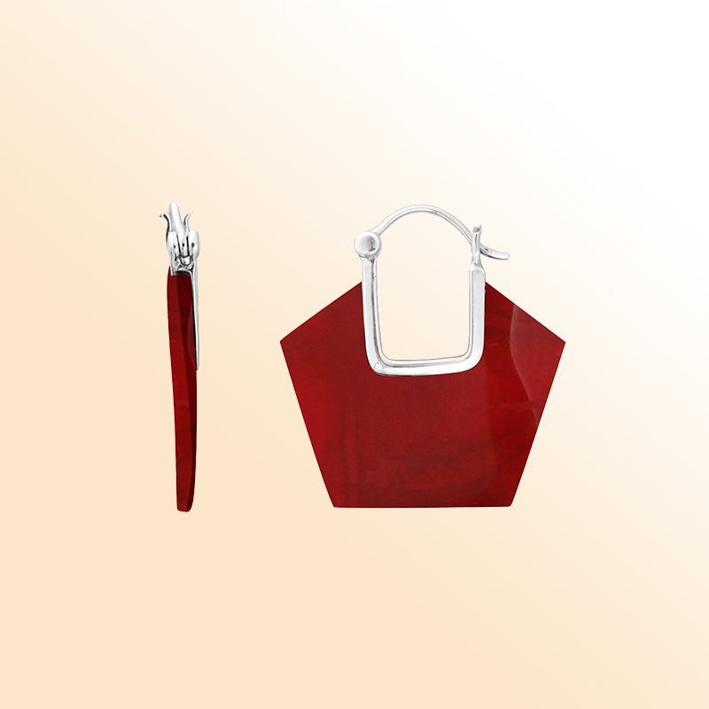 Elegant Red Coral geometric sterling silver hoop earrings