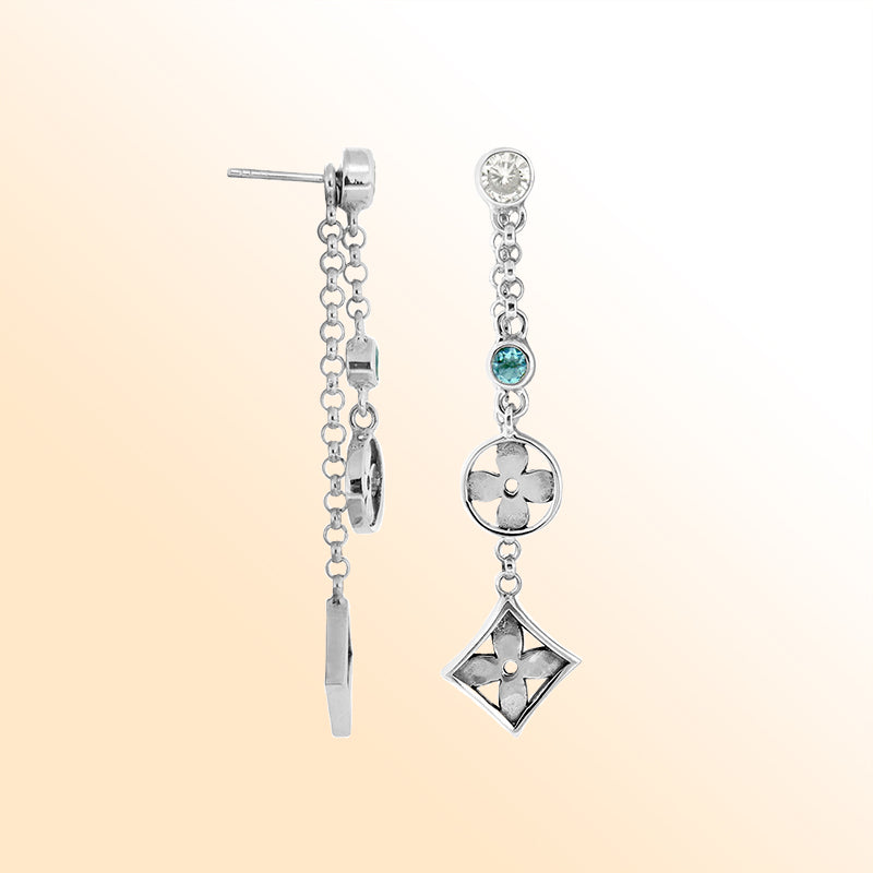 Elegant Blue Topaz Quartz and Cubic Zirconia floral cascade earrings