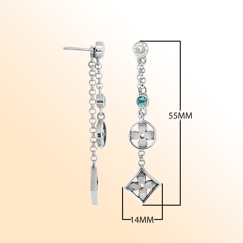 Elegant Blue Topaz Quartz and Cubic Zirconia floral cascade earrings