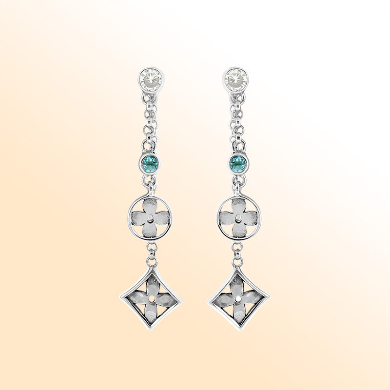 Elegant Blue Topaz Quartz and Cubic Zirconia floral cascade earrings