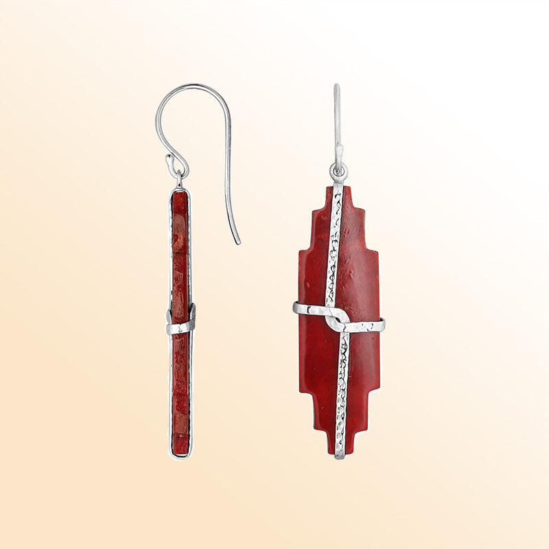 Elegant Red Coral artistic long bar earrings