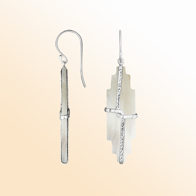 Artistic pearl earrings with wrapped silver bar
