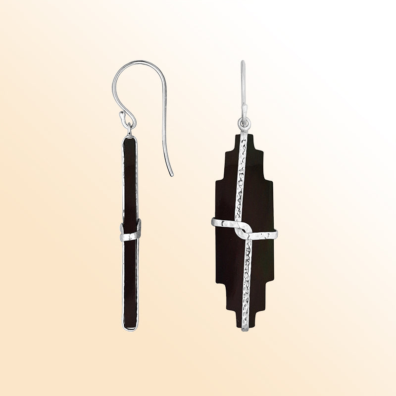 Artistic black shell earrings with wrapped silver detail