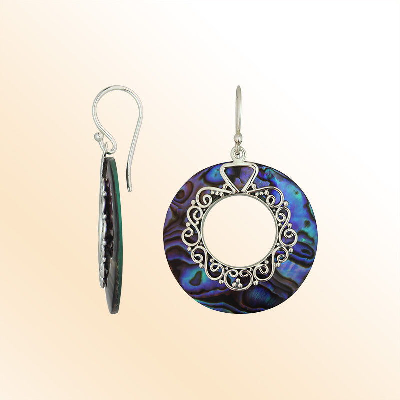 Artistic abalone shell circle earrings with filigree detail