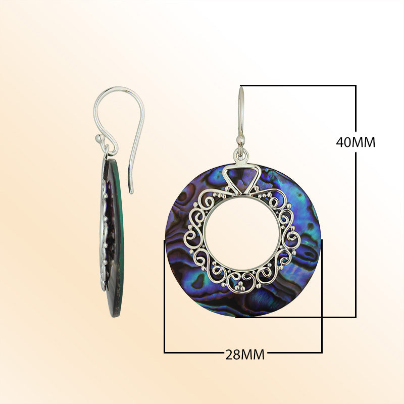 Artistic abalone shell circle earrings with filigree detail