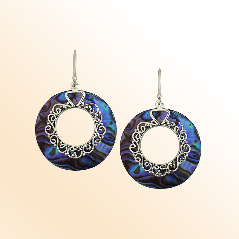 Artistic abalone shell circle earrings with filigree detail
