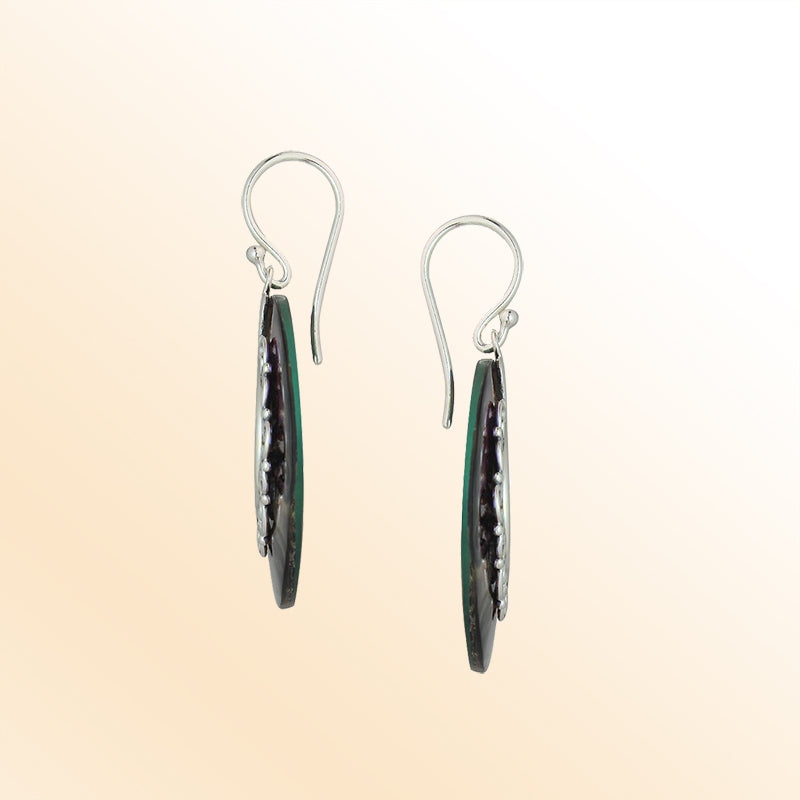 Artistic abalone shell circle earrings with filigree detail