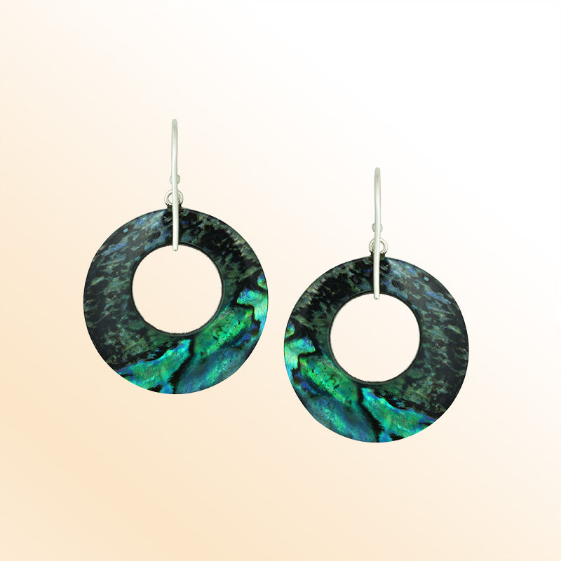 Artistic abalone shell circle earrings with filigree detail