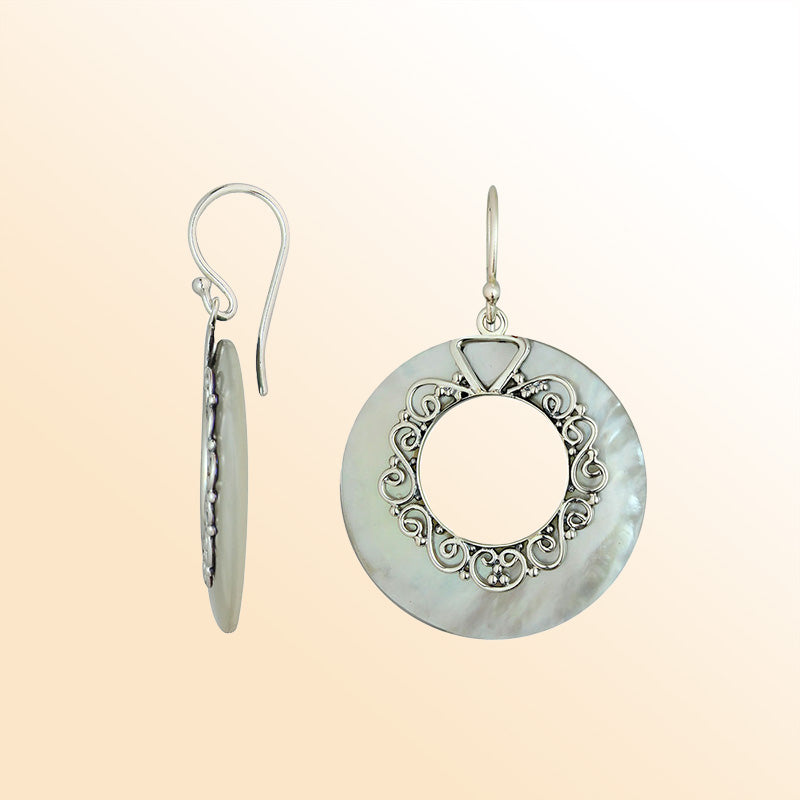 Elegant Mother Of Pearl Silver Round Filigree Earrings With Earwire Lock