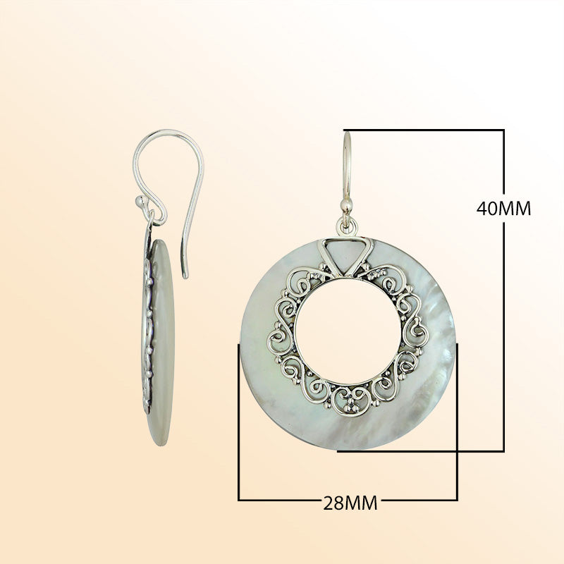 Elegant Mother Of Pearl Silver Round Filigree Earrings With Earwire Lock
