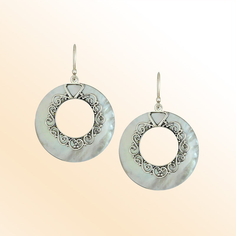 Elegant Mother Of Pearl Silver Round Filigree Earrings With Earwire Lock