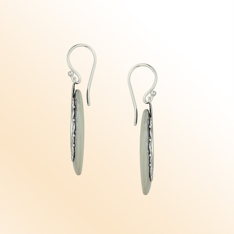 Elegant Mother Of Pearl Silver Round Filigree Earrings With Earwire Lock