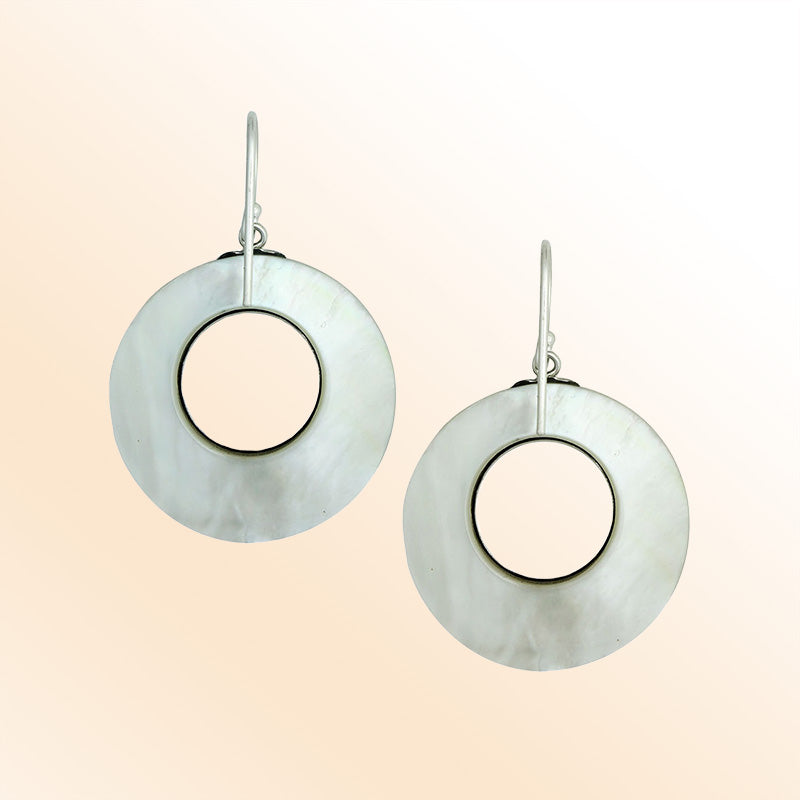 Elegant Mother Of Pearl Silver Round Filigree Earrings With Earwire Lock