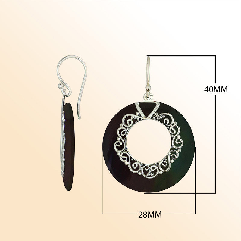 Sterling Silver Black Shell Artistic Circle Earrings With Earwire