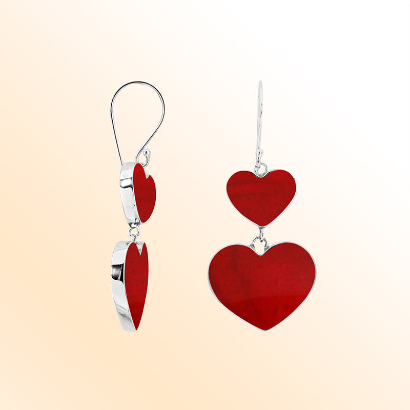 Sterling Silver Red Coral Twin Heart Dangle Earrings