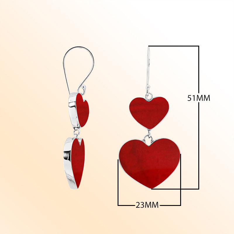 Sterling Silver Red Coral Twin Heart Dangle Earrings