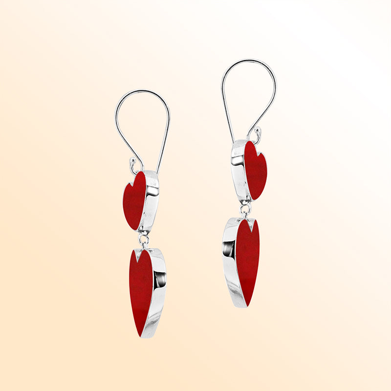 Sterling Silver Red Coral Twin Heart Dangle Earrings