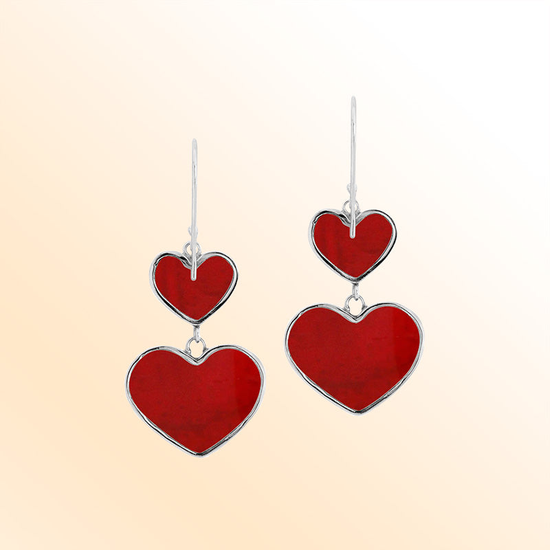 Sterling Silver Red Coral Twin Heart Dangle Earrings