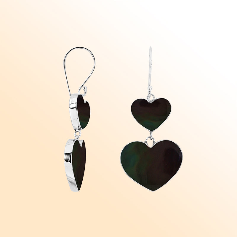 Sterling Silver Black Shell Twin Heart Dangle Earrings