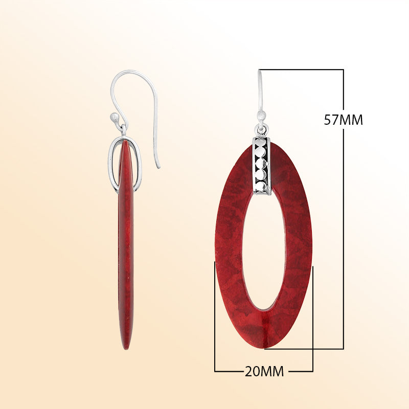 Sterling Silver Red Coral Long Oval Dangle Earrings