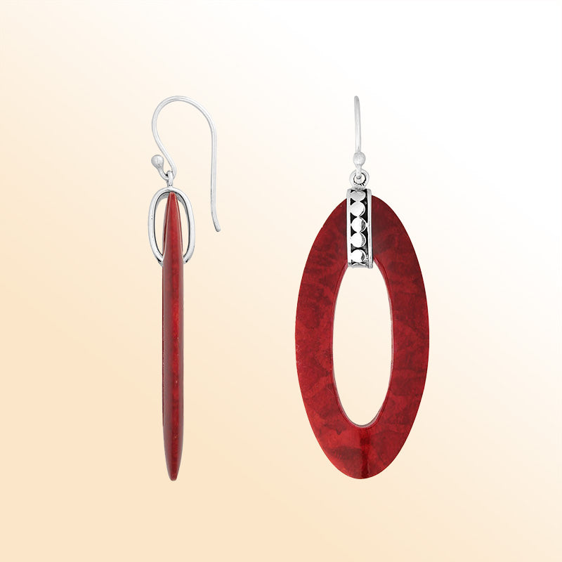 Sterling Silver Red Coral Long Oval Dangle Earrings