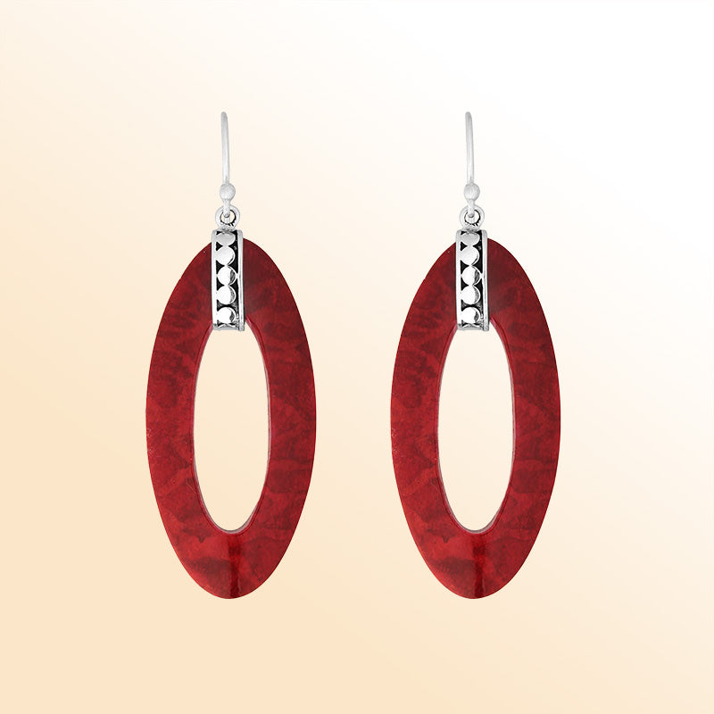 Sterling Silver Red Coral Long Oval Dangle Earrings