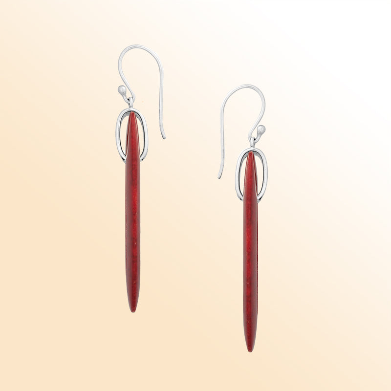 Sterling Silver Red Coral Long Oval Dangle Earrings