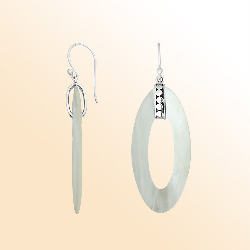 Sterling Silver Mother Of Pearl Long Oval Dangle Earrings