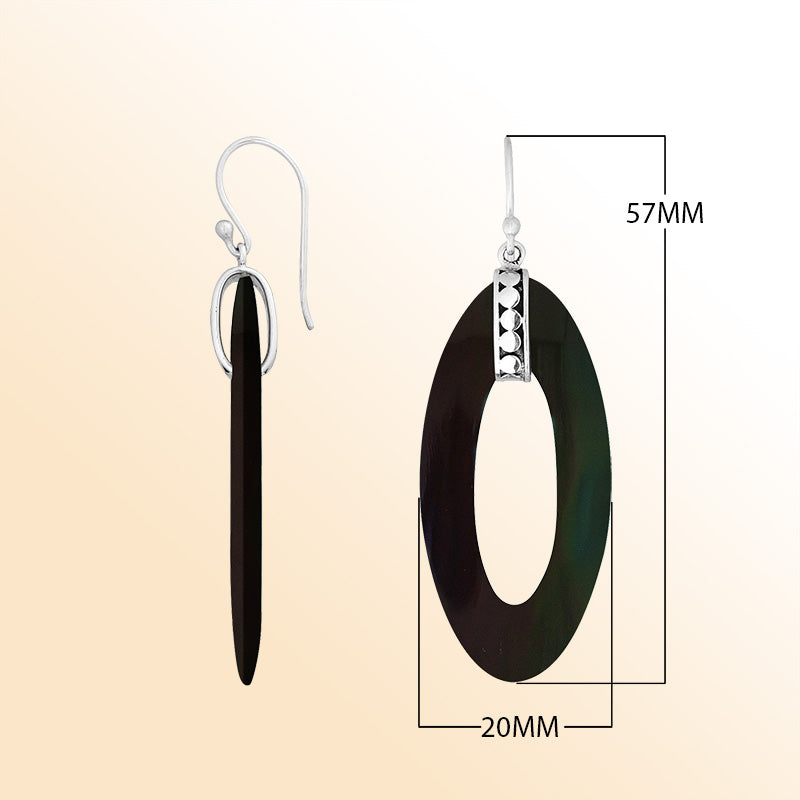 Sterling Silver Black Shell Long Oval Dangle Earrings