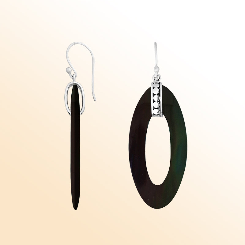 Sterling Silver Black Shell Long Oval Dangle Earrings