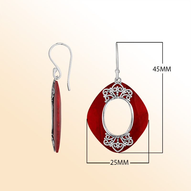 Sterling Silver Red Coral Artistic Cushion Filigree Earrings
