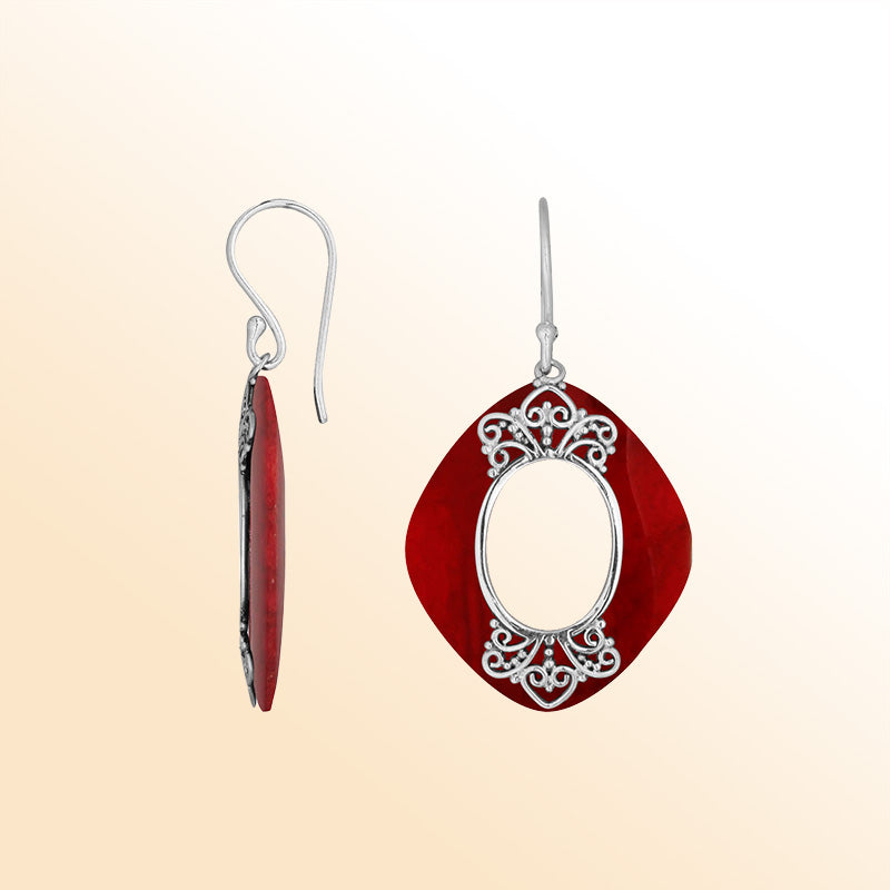 Sterling Silver Red Coral Artistic Cushion Filigree Earrings